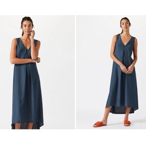 Jigsaw Dress Blue Steel Silk Blend Midi Maxi Minimalist Lagenlook Size Medium